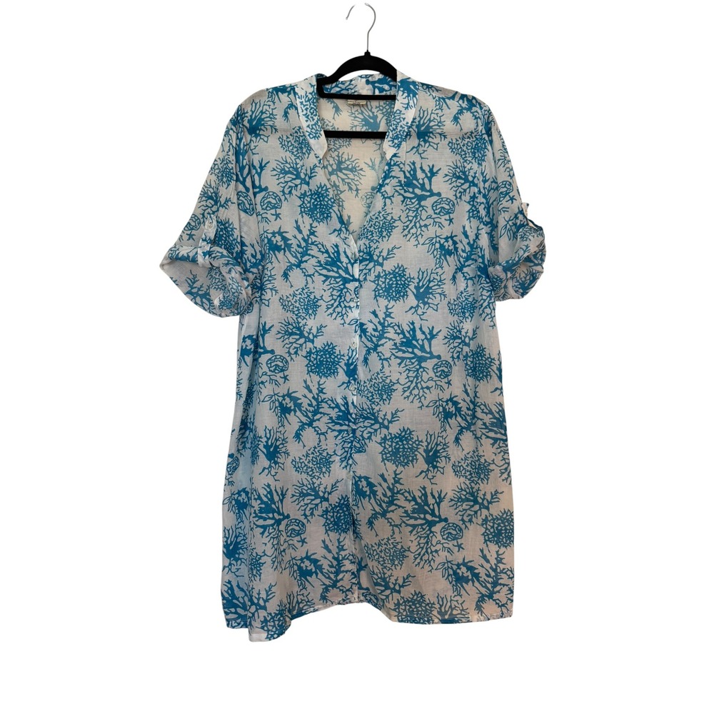 Indian Emporium Blue Coral Print Cotton Button Down Tunic Light Airy Free Size